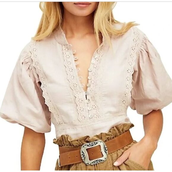 Free People Tops - Kinga Csilla X Free People Pale Rasberry Georgia Blouse Size XS NWT Hemp Linen